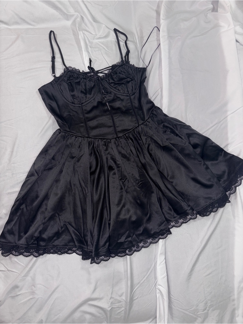 Black Satin Lace-Trim Mini Dress